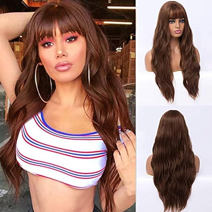 DILLARDS Fvcent 27 Long Curly Full Bang Heat Resistant Hair Replacement Wig (Brown) - Image 3